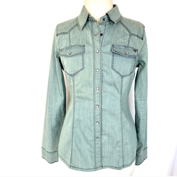 Y2K Coastal Cowboy Denim Chambray Pearl Snap Button Up Shirt MEDIUM NWOT - Picture 1 of 12